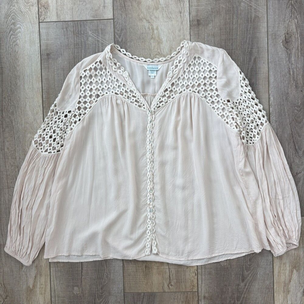 Sundance Womens Cream Blush Crochet Blouse Size L Flowy Boho Beach Peasant Gypsy - Picture 8 of 13